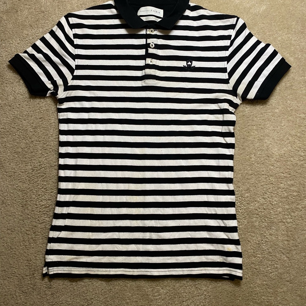 Zara Black and White Striped Polo Shirt